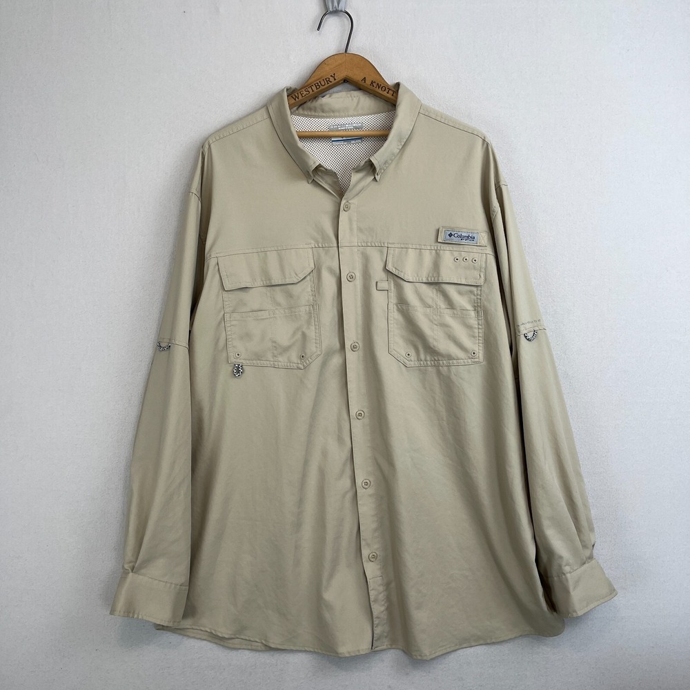 Columbia PFG Blood Guts Mens Vented Fishing Long Sleeve Shirt‎ XXL 2XL Tan Beige